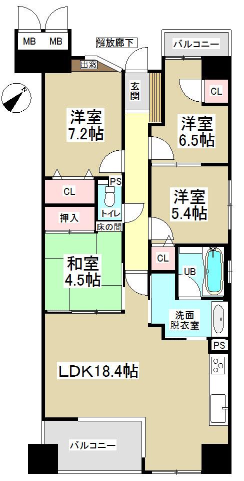 Floor plan. 4LDK, Price 21.6 million yen, Occupied area 93.46 sq m , Balcony area 10.45 sq m LDK18.4 Pledge Two-sided balcony -
