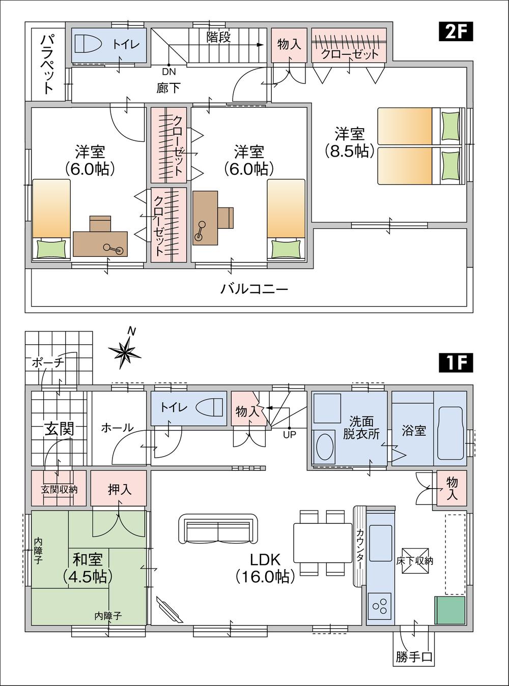 Building plan example (floor plan). Building plan example (B compartment) 4LDK, Land price 15.8 million yen, Land area 136.99 sq m , Building price 15.9 million yen, Building area 105.59 sq m