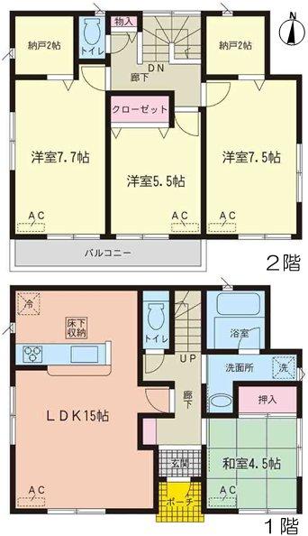 Floor plan. 22,900,000 yen, 4LDK + 2S (storeroom), Land area 130.4 sq m , Building area 97.2 sq m Zenshitsuminami direction