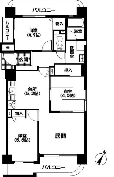 Floor plan. 3LDK, Price 11.5 million yen, Occupied area 64.27 sq m , Balcony area 13.98 sq m