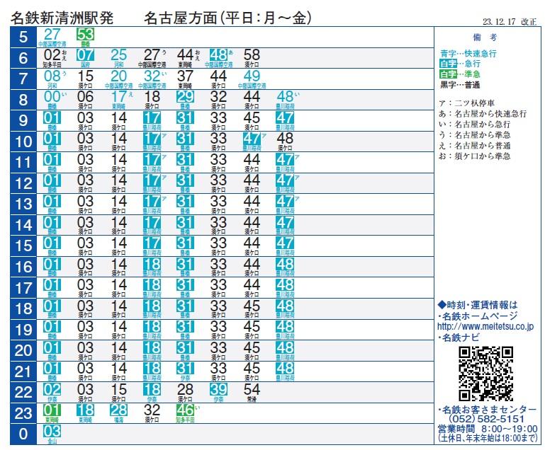 route map. Nagoya Railroad, Shin kiyosu Station, Weekday, Nagoya district timetable