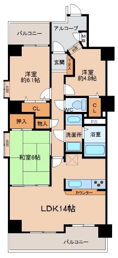 Floor plan. 3LDK, Price 9.5 million yen, Occupied area 70.23 sq m , Balcony area 11.54 sq m