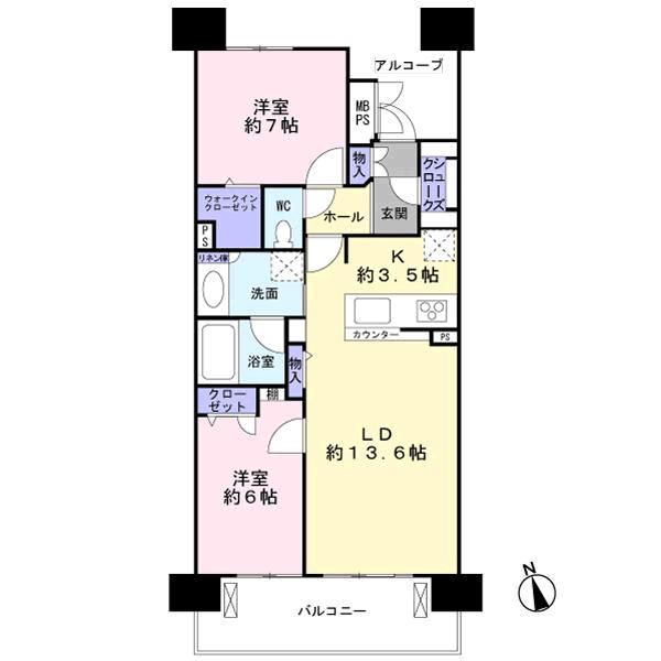 Floor plan. 2LDK, Price 21,800,000 yen, Occupied area 68.34 sq m , Balcony area 10.89 sq m