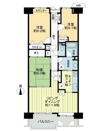 Floor plan. 3LDK, Price 11.9 million yen, Occupied area 77.14 sq m , Balcony area 10.41 sq m
