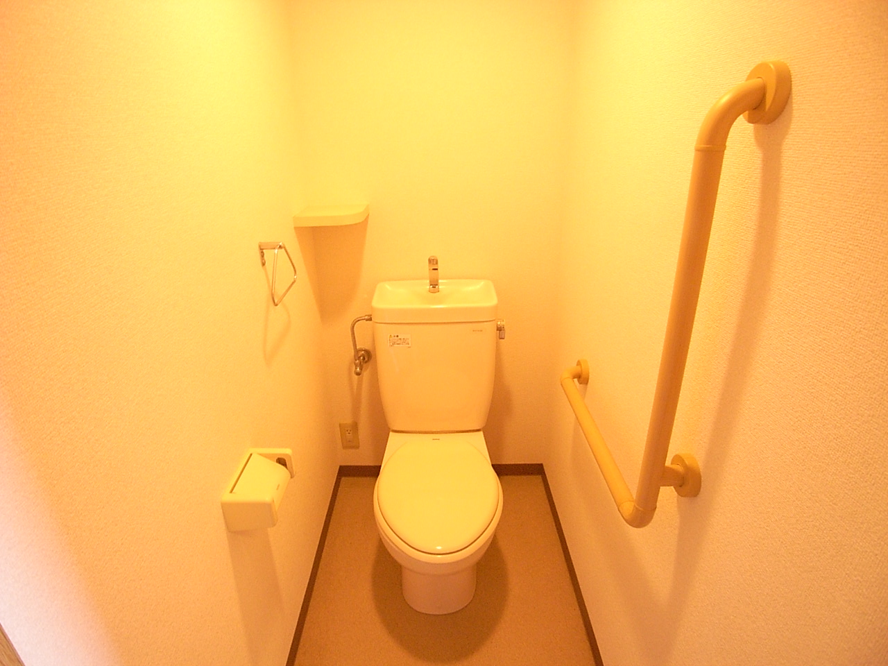 Toilet. With a shelf in the corner, It is with handrail on the wall