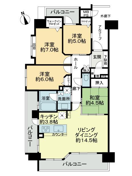 Floor plan. 4LDK, Price 33,900,000 yen, Occupied area 91.47 sq m , Balcony area 22.68 sq m