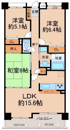 Floor plan. 3LDK, Price 12.3 million yen, Occupied area 74.61 sq m , Balcony area 9.04 sq m
