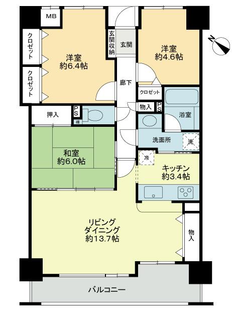 Floor plan. 3LDK, Price 16,900,000 yen, Occupied area 77.77 sq m , Balcony area 10.53 sq m