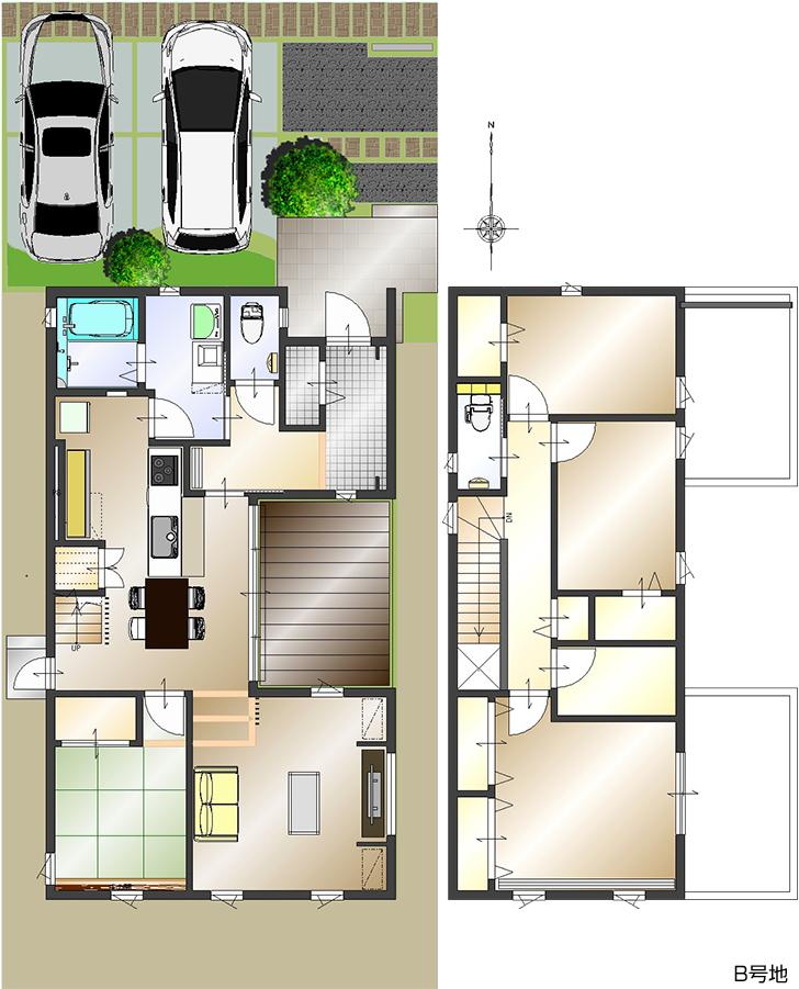 Floor plan.  [No. B land] So we have drawn on the basis of the Plan view] drawings, Plan and the outer structure ・ Planting, such as might actually differ slightly from.  Also, furniture ・ Car, etc. are not included in the price. 