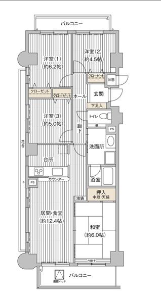 Floor plan. 4LDK, Price 15.5 million yen, Footprint 82.9 sq m , Balcony area 12.12 sq m