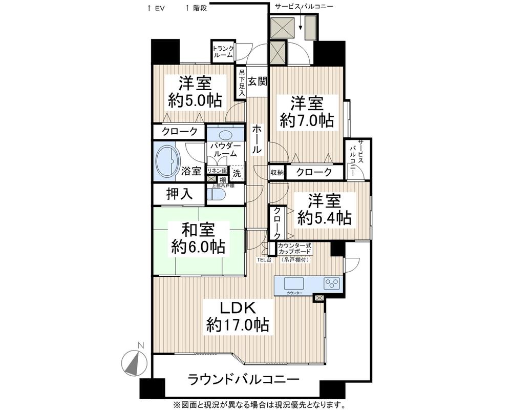 Floor plan. 4LDK, Price 24,800,000 yen, Occupied area 87.43 sq m , Balcony area 25.44 sq m southeast angle dwelling unit Sunlight from the round balcony me gently hold the room
