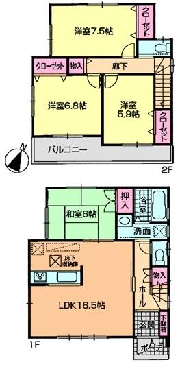 Floor plan. (Building 2), Price 22,800,000 yen, 4LDK, Land area 146.82 sq m , Building area 98.82 sq m