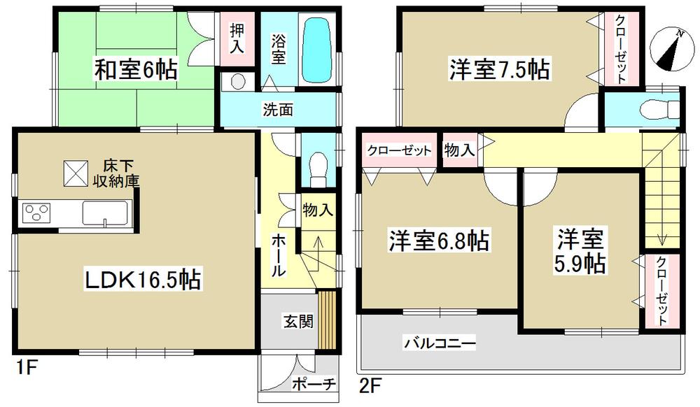 Floor plan. (Building 2), Price 22,800,000 yen, 4LDK, Land area 146.82 sq m , Building area 98.82 sq m