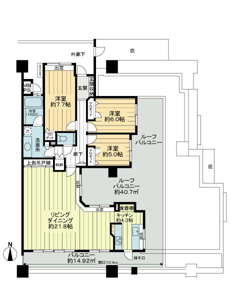 Floor plan. 3LDK, Price 31.5 million yen, Footprint 103.33 sq m , Balcony area 14.92 sq m southeast corner room, 8th floor, Roof balcony of about 40.70 sq m, LDK about 26.1 Pledge, The window in the bathroom. Please refer to the high contemplated the complete floor plan.