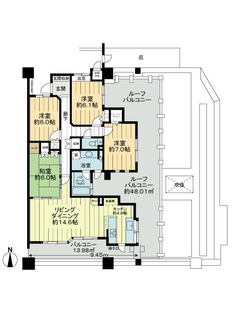 Floor plan. 4LDK, Price 31,800,000 yen, Footprint 100.64 sq m , Balcony area 13.98 sq m southeast corner room, 100m2 more than premium dwelling unit, Window in the bath, About 48.01m2 spacious roof balcony of, Back door to be out on the south side balcony, Contemplated the floor plan, Please refer to the good living dining kitchen comfortable to use