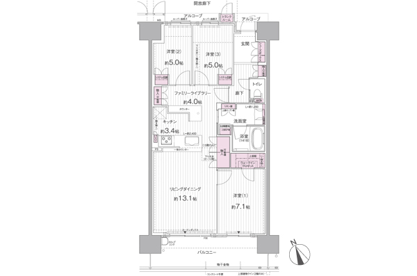 AE type / 3LDK Occupied area / 83.43 sq m (trunk room area including 0.40 sq m) Balcony area / 13.60 sq m  Alcove area / 3.52 sq m