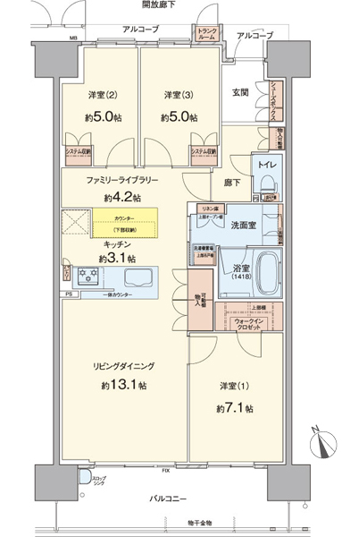 AE type (menu plan) / 3LDK Occupied area / 83.43 sq m (trunk room area including 0.40 sq m) Balcony area / 13.60 sq m  Alcove area / 3.52 sq m