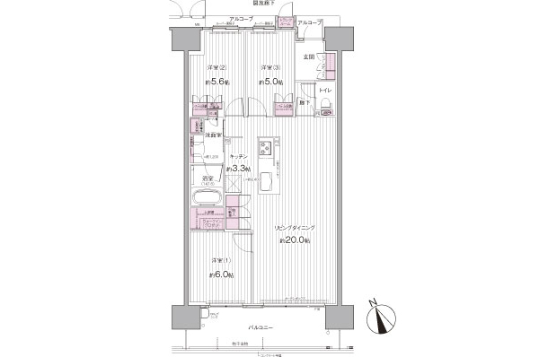 AI type / 3LDK Occupied area / 83.43 sq m (trunk room area including 0.40 sq m) Balcony area / 13.60 sq m  Alcove area / 3.52 sq m