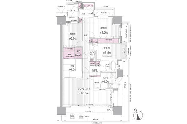AJ type / 4LDK Occupied area / 100.29 sq m (trunk room area including 0.40 sq m) Balcony area / 32.99 sq m  Service balcony area / 2.91 sq m  Porch area / 4.48 sq m