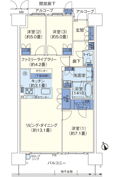 AE type (Chapter 3 secondary) / 3LDK Occupied area / 83.43 sq m (trunk room area including 0.40 sq m) Balcony area / 13.60 sq m  Alcove area / 3.52 sq m