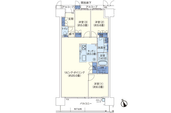 AI 'type (Chapter 3 secondary) / 3LDK Occupied area / 83.43 sq m (trunk room area including 0.40 sq m) Balcony area / 13.60 sq m  Alcove area / 3.52 sq m
