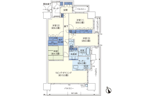 AJ type (re-registration dwelling unit) / 4LDK Occupied area / 100.29 sq m (trunk room area including 0.40 sq m) Balcony area / 32.99 sq m  Service balcony area / 2.91 sq m  Porch area / 4.48 sq m
