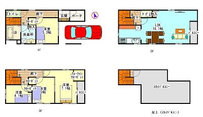 Floor plan. 29,800,000 yen, 4LDK, Land area 61.85 sq m , With garage in the building area 115.76 sq m 1F. LDK of 2F is a spacious 18 Pledge. Ensure the breadth does not feel the narrow land is the true value of Homei. 