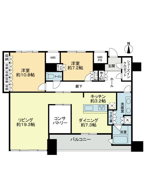 Floor plan. 2LDK, Price 77 million yen, Footprint 130.99 sq m , Balcony area 9.18 sq m