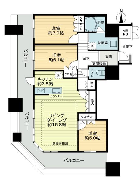 Floor plan. 3LDK, Price 36,800,000 yen, Occupied area 88.82 sq m , Balcony area 29.84 sq m