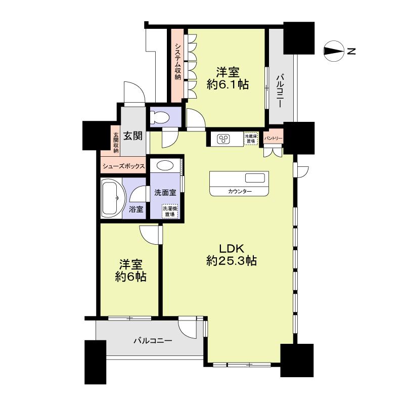 Floor plan. 2LDK, Price 45,800,000 yen, Occupied area 85.87 sq m , Balcony area 11.61 sq m LDK about 25.3 Pledge