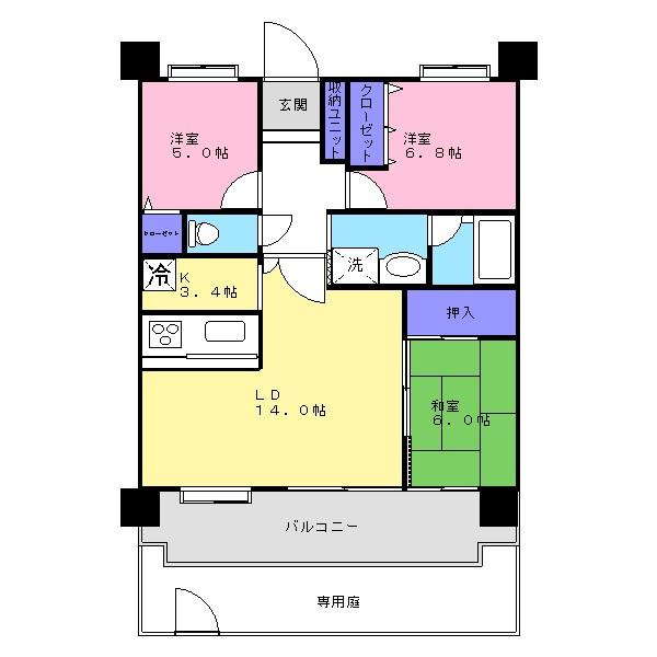 Floor plan. 3LDK, Price 19,800,000 yen, Occupied area 76.44 sq m , Balcony area 14.75 sq m