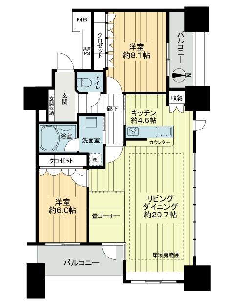 Floor plan. 2LDK, Price 37,900,000 yen, Occupied area 85.87 sq m , Balcony area 11.61 sq m