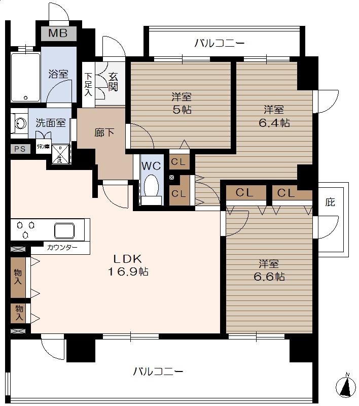 Floor plan. 3LDK, Price 34,800,000 yen, Occupied area 75.55 sq m , Balcony area 23.18 sq m