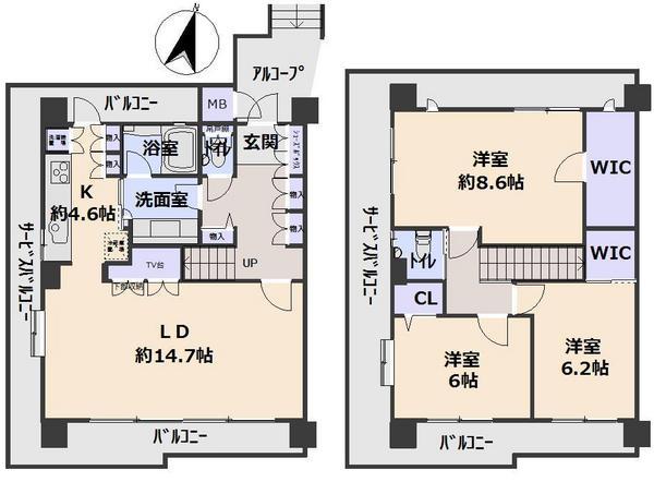 Floor plan. 3LDK, Price 35,800,000 yen, Occupied area 96.25 sq m , Balcony area 39.82 sq m