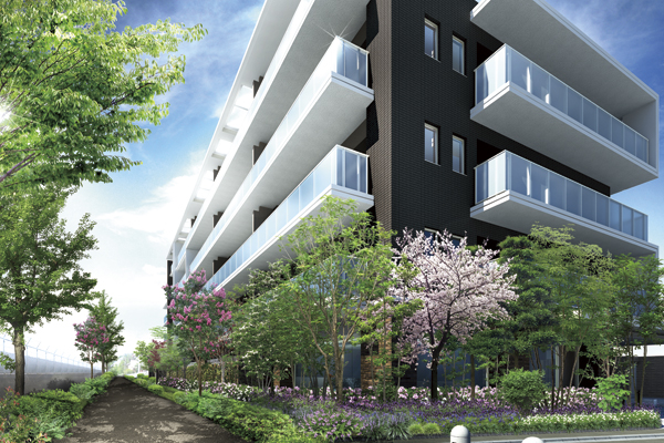 Features of the building.  [appearance] Plan the planting 栽豊 Kana outside the structure so as to surround the whole apartment. Seasonal flowers and green, Draw a seasonal vivid landscape, We are working in harmony with the green of green roads and parks continuing on the south side (Rendering)