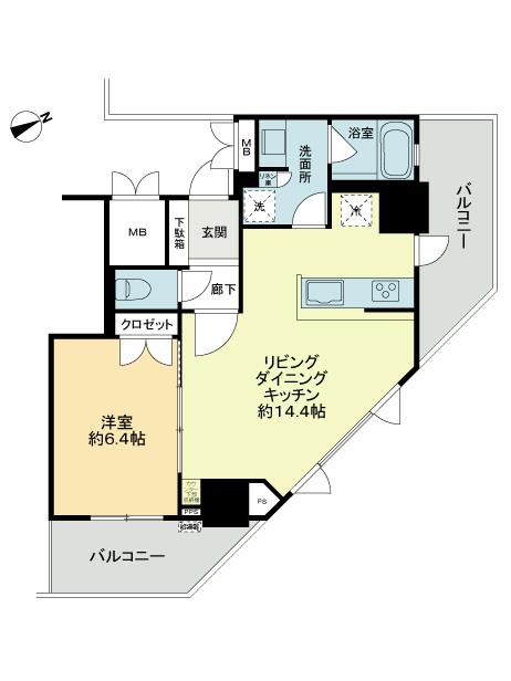 Floor plan. 1LDK, Price 26,800,000 yen, Occupied area 48.42 sq m , Balcony area 13.13 sq m