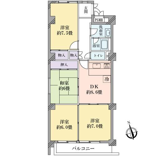 Floor plan. 4DK, Price 14.8 million yen, Occupied area 76.97 sq m , Balcony area 7.04 sq m
