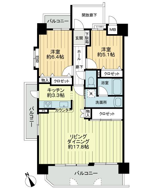 Floor plan. 2LDK, Price 22,800,000 yen, Occupied area 71.88 sq m , Balcony area 17.77 sq m top floor ・ Southwest Corner Room ・ Three-sided balcony ・ 2LDK