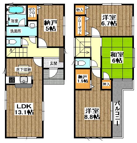 Floor plan. (Building 2), Price 34,900,000 yen, 3LDK+2S, Land area 157.42 sq m , Building area 91.52 sq m