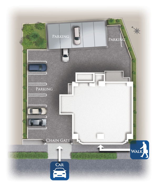 Shared facilities.  [Land Plan] Site plan, For pedestrians ・ Separating the entry gate for a motor vehicle. Firmly divided the flow line, It has been consideration to safety. Also, Equipped with parking of one car to all households. It combines functionality and beauty, It is a landscape design (site layout)