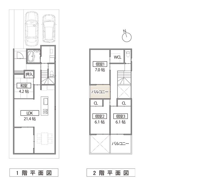 Other building plan example. Reference Plan I [A compartment] 4LDK to incorporate the light from the courtyard. Two parallel parking possible.