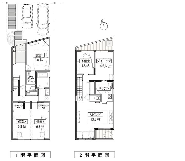 Other building plan example. Reference Plan II [A compartment]  4LDK provided with a shared space on the second floor.  Two parallel parking possible. 