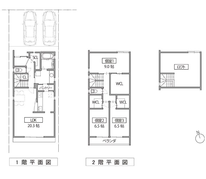 Other building plan example. Reference Plan III [A compartment]  With an emphasis on housework flow line and storage 3LDK + loft. Two parallel parking possible.       