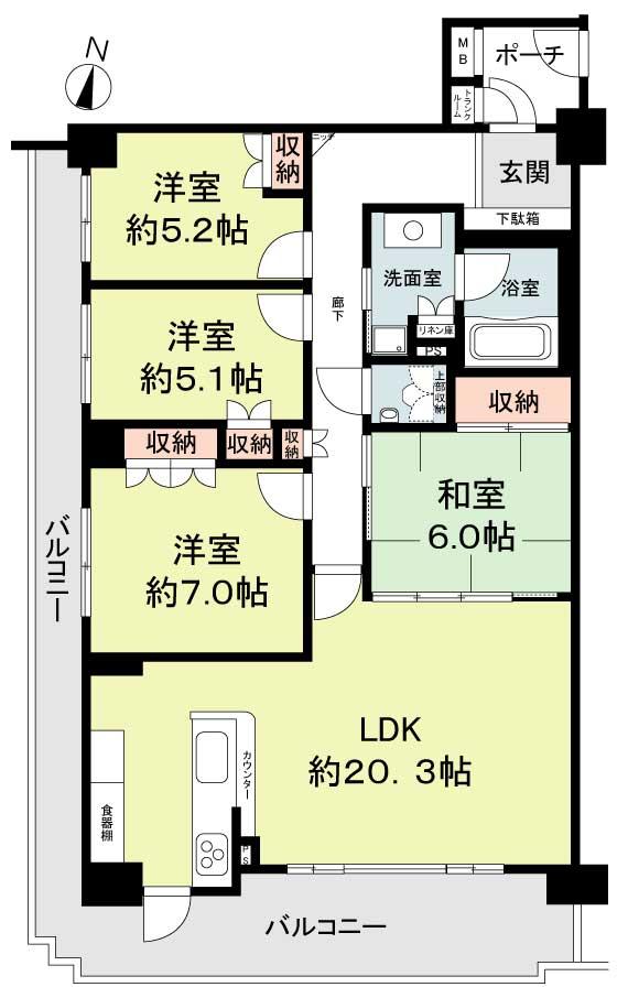 Floor plan. 4LDK, Price 39,800,000 yen, Occupied area 99.26 sq m , Balcony area 25.7 sq m