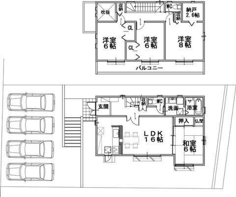 Building plan example (floor plan). Building plan example (north section) 4LDK, Land price 33,060,000 yen, Land area 203.46 sq m , Building price 19,440,000 yen, Building area 108.48 sq m