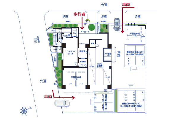Features of the building.  [Ayumu car isolation design] And route a person entering and leaving the building, Cars and motorcycles, Adopt a walking car isolation design that divided the route the bicycle and out. Families with small children is also the design of the peace of mind (site layout)