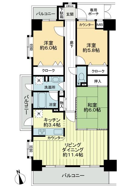 Floor plan. 3LDK, Price 19,800,000 yen, Occupied area 75.86 sq m , Balcony area 16.25 sq m southwest angle room ・ There is a doorway and windows around the water