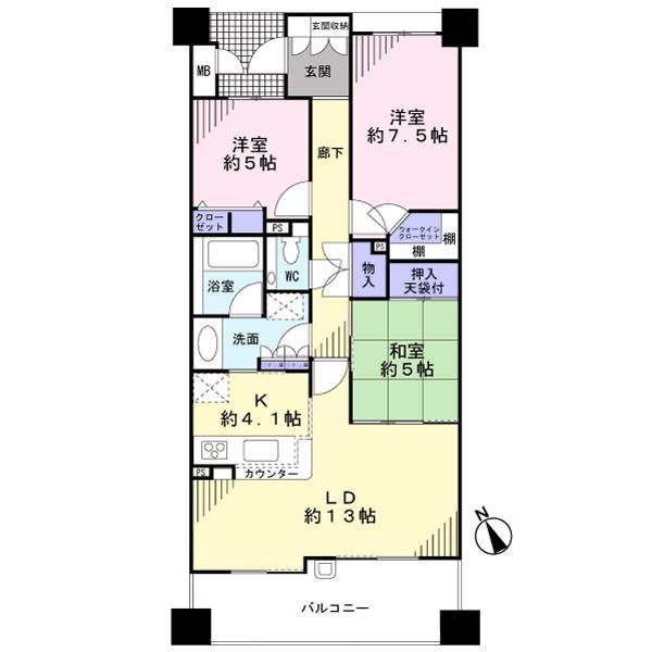 Floor plan. 3LDK, Price 36,800,000 yen, Occupied area 80.58 sq m , Balcony area 12.4 sq m