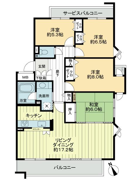 Floor plan. 4LDK, Price 16.8 million yen, Occupied area 98.45 sq m , Balcony area 10.36 sq m floor plan