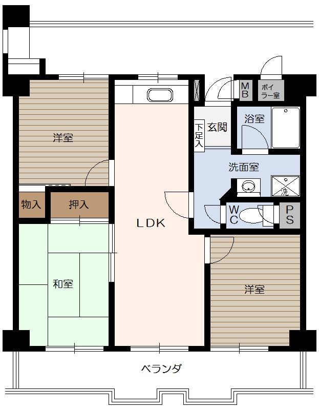 Floor plan. 3LDK, Price 8.8 million yen, Footprint 61.6 sq m , Lighting plenty on the balcony area 10.65 sq m south 3 rooms!